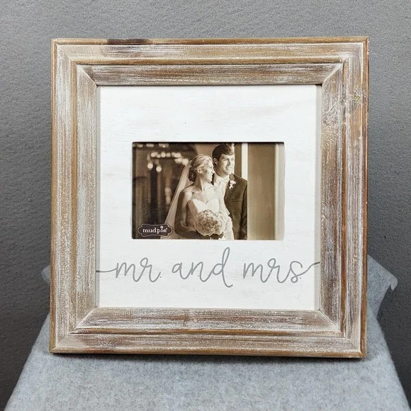 Mud Pie Wood Picture Frame Mr & Mrs Wedding Rustic Distressed Farmhouse Decor - Picture 1 of 8